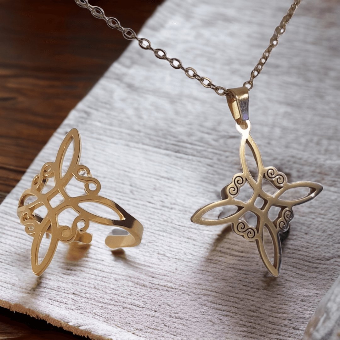 Anillo + Collar Nudo De Bruja Dorado - Diversa Colección