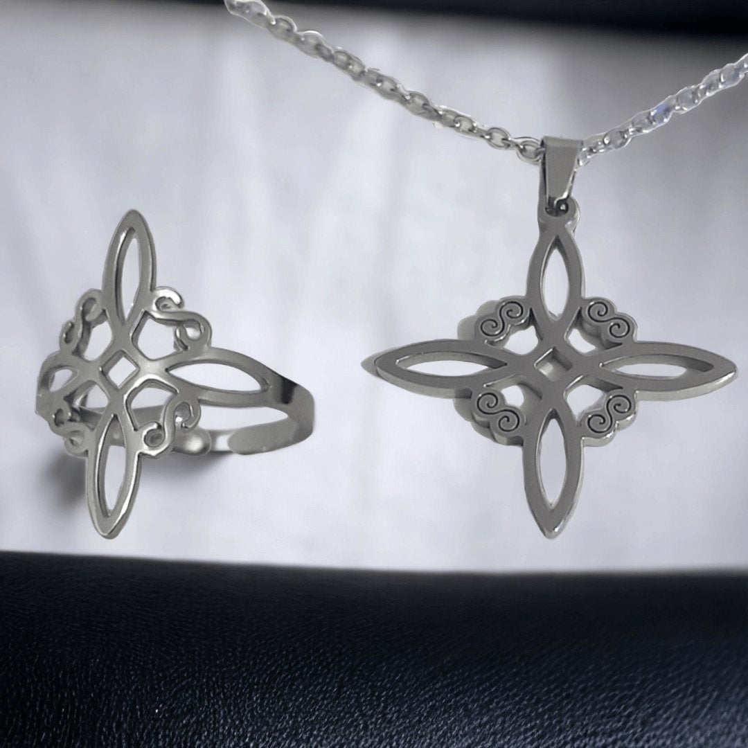 Anillo + Collar Nudo De Bruja Plateado - Diversa Colección