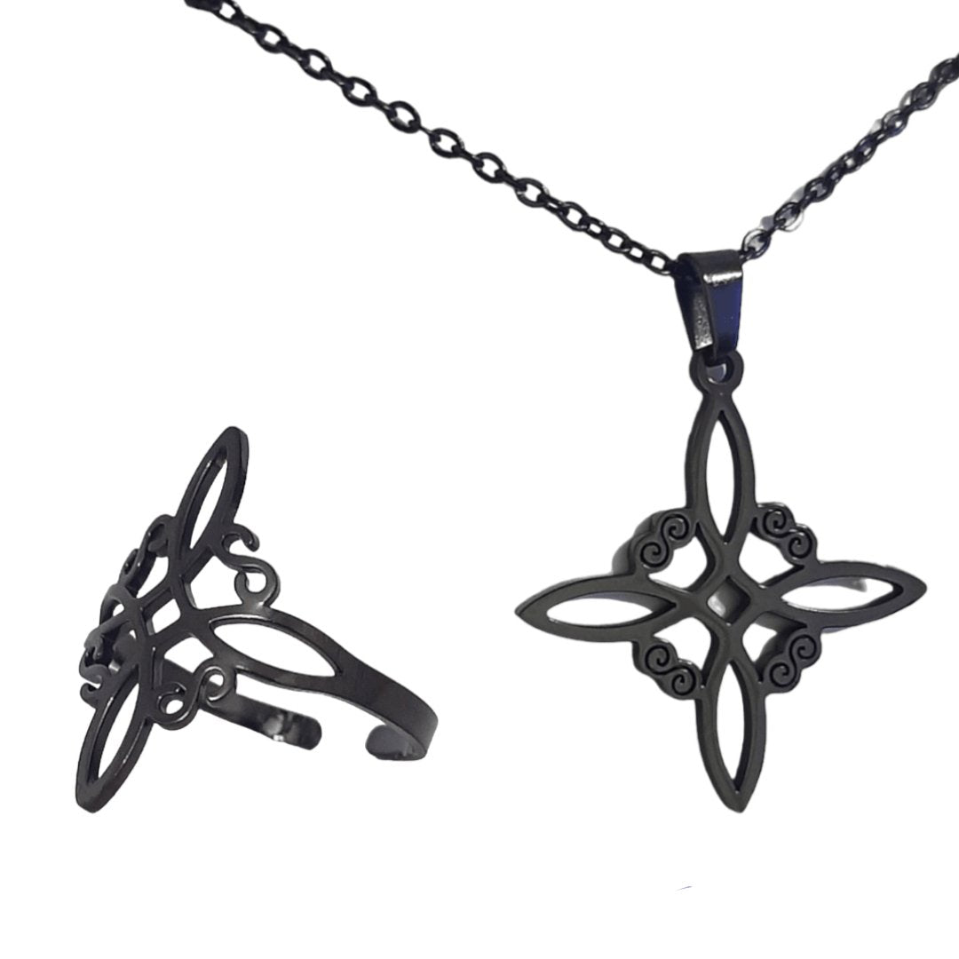 Anillo + Collar Nudo De Bruja Negro - Diversa Colección