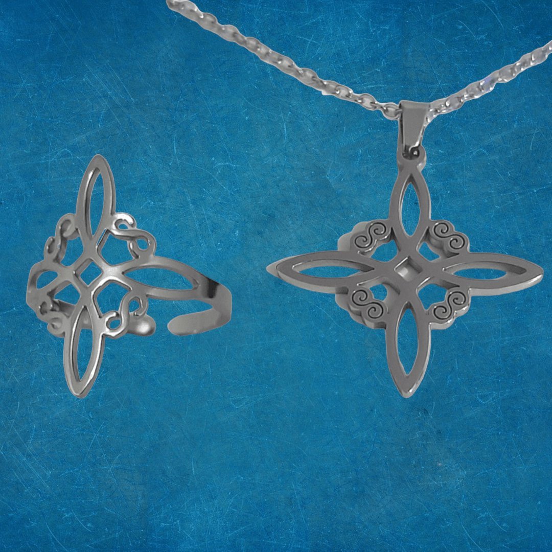 Anillo + Collar Nudo De Bruja Plateado - Diversa Colección