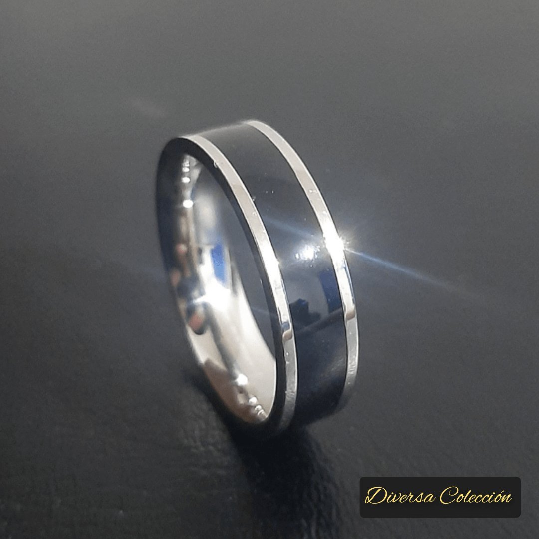 Anillo Línea Negro & Plata - Diversa Colección
