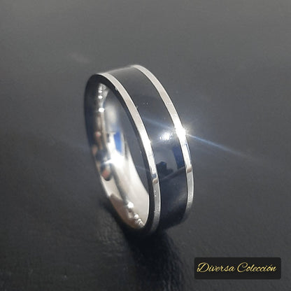 Anillo Línea Negro & Plata - Diversa Colección