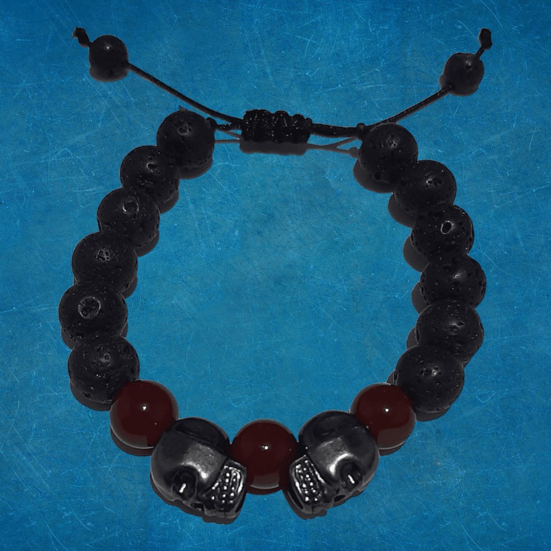 Pulsera Doble Cráneo Piedra Volcánica - Diversa Colección